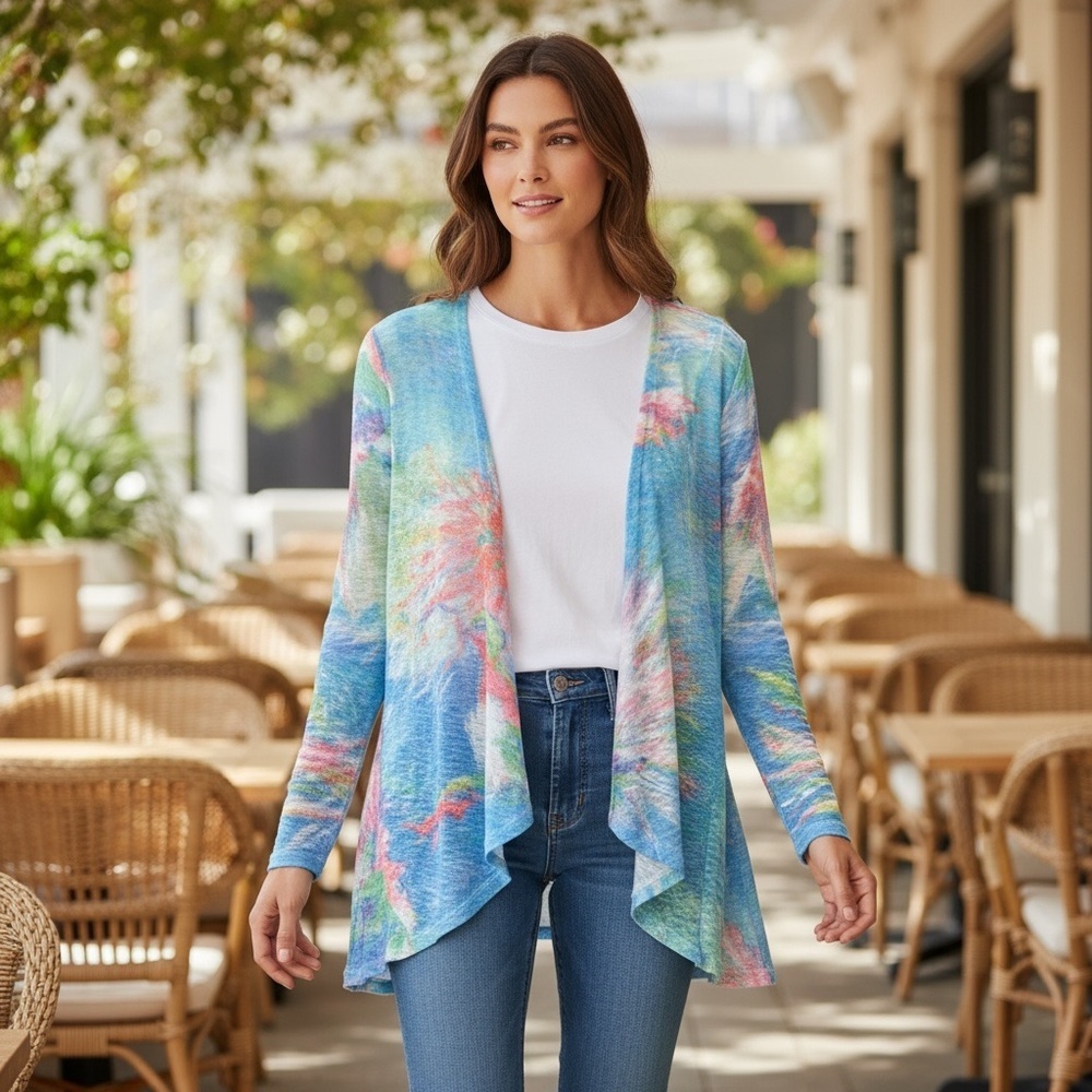 Leoma Lovegrove Cardigan Medium Colorful Abstract Print Open Front Sheer